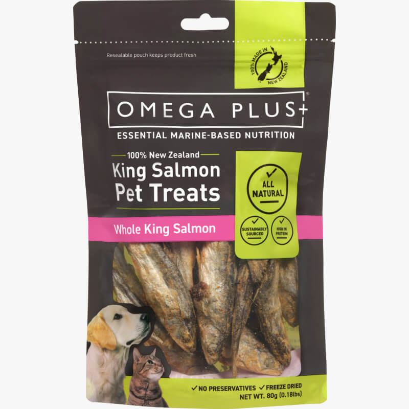 Omega Plus Whole King Salmon Treats 80g - Front - Your Pet PA NZ