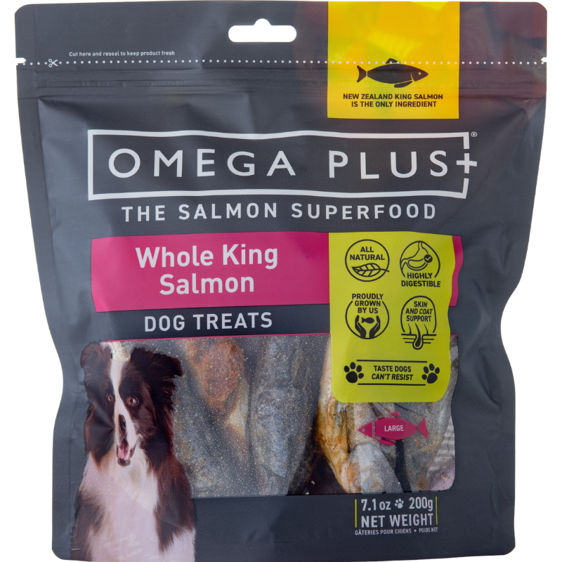 Omega Plus Whole King Salmon Dog Treats 200g - Front - Your Pet PA NZ