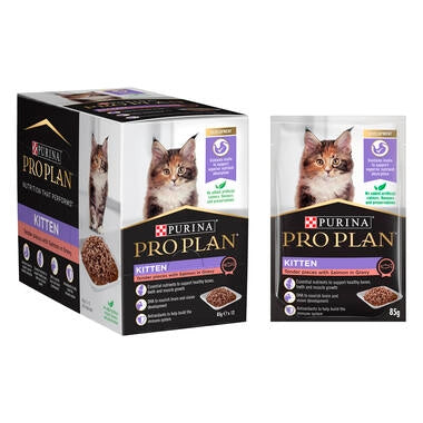 Purina Pro Plan Kitten Salmon in Gravy 85g x 12 sachets - Front - Your Pet PA NZ